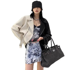 PU Leather Loose Outwear Belted Jacket for Women