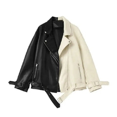 PU Leather Loose Outwear Belted Jacket for Women