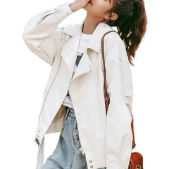 PU Leather Motorcycle Belt Loose Jacket for Women