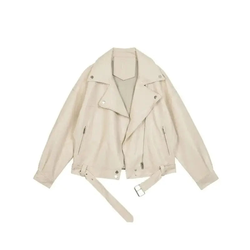 PU Leather Motorcycle Belt Loose Jacket for Women Beige / S