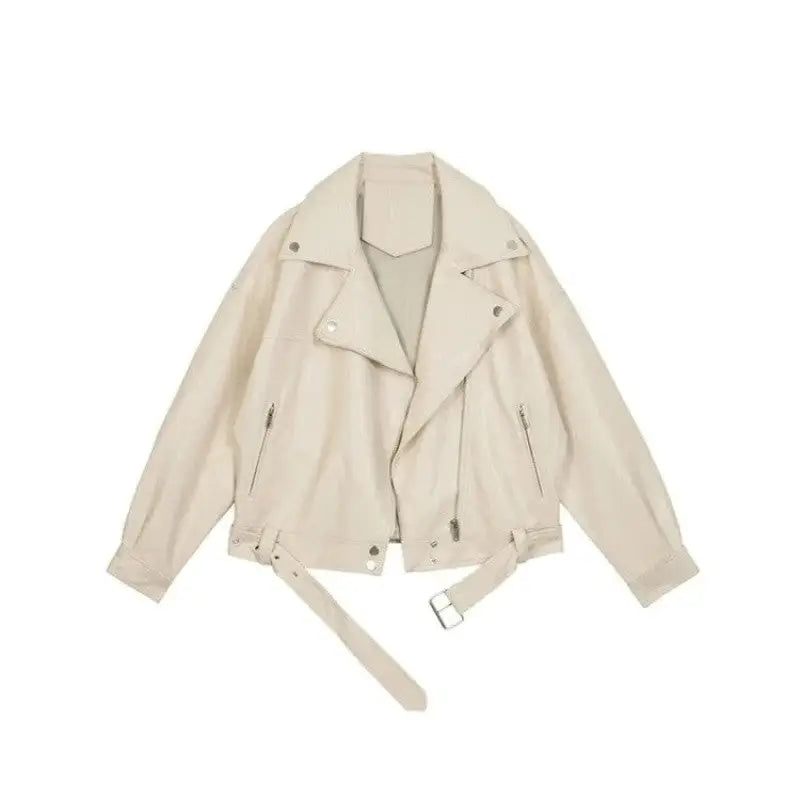 Pu Leather Motorcycle With Belt Loose Jacket - Beige / S
