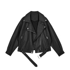 Pu Leather Motorcycle With Belt Loose Jacket - Black / S
