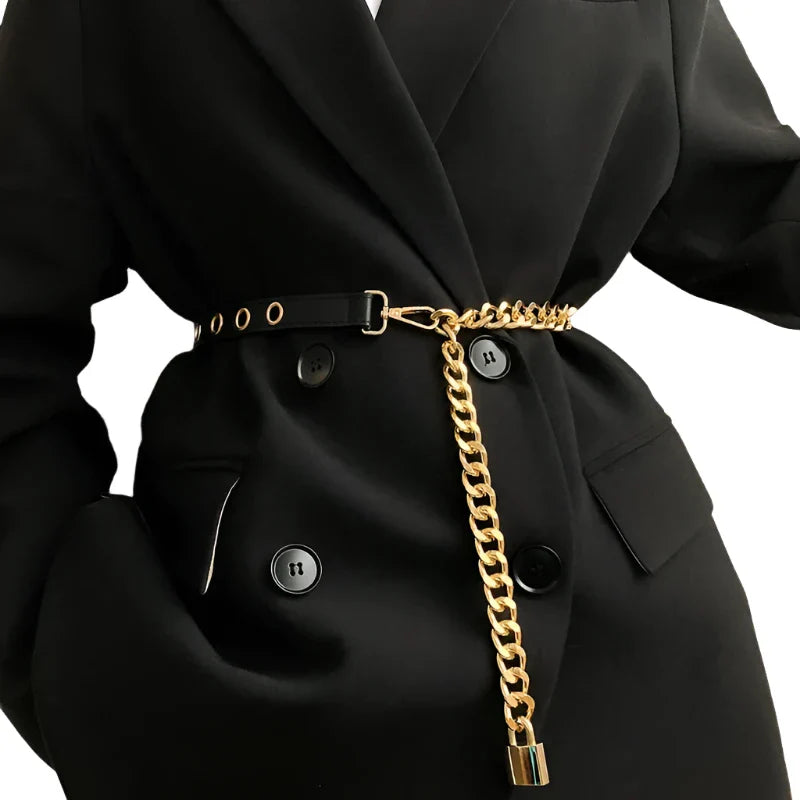 PU Leather Punk Chain Thin Buckle Belt Gold