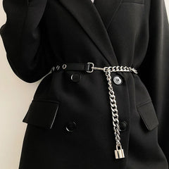 PU Leather Punk Chain Thin Buckle Belt Silver