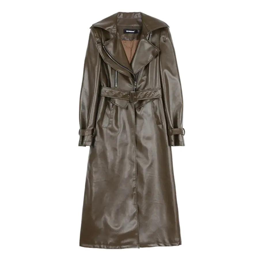 PU Leather Trench Coat Long Sleeve 32 Inches Length Brown