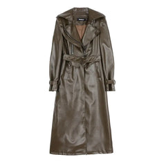 PU Leather Trench Coat Long Sleeve 32 Inches Length Brown