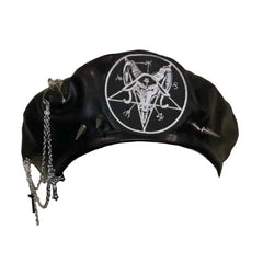 PU Metal Rivet Cross Chain Pin Black Beret Hat