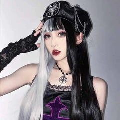 PU Metal Rivet Cross Chain Pin Black Beret Hat