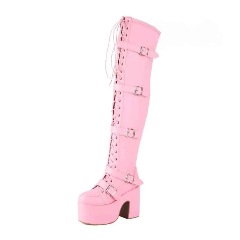 PU Over The Knee Square Heel Lace Up Boots Euro Size Pink