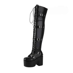 PU Over The Knee Square Heel Lace Up Thigh High Boots