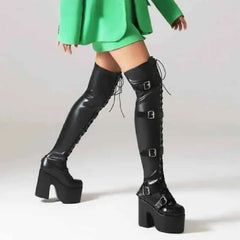 PU Over The Knee Square Heel Lace Up Thigh High Boots