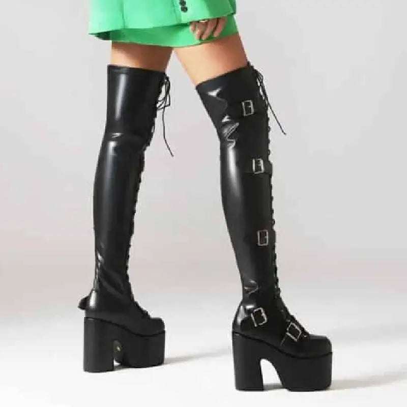 PU Over The Knee Square Heel Lace Up Thigh High Boots