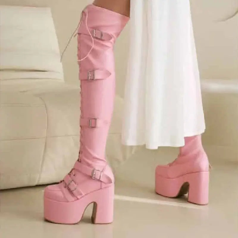 PU Over The Knee Square Heel Lace Up Thigh High Boots