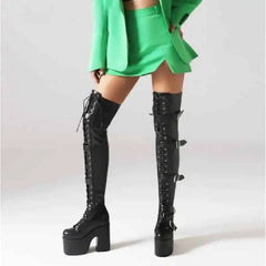 PU Over The Knee Square Heel Lace Up Thigh High Boots