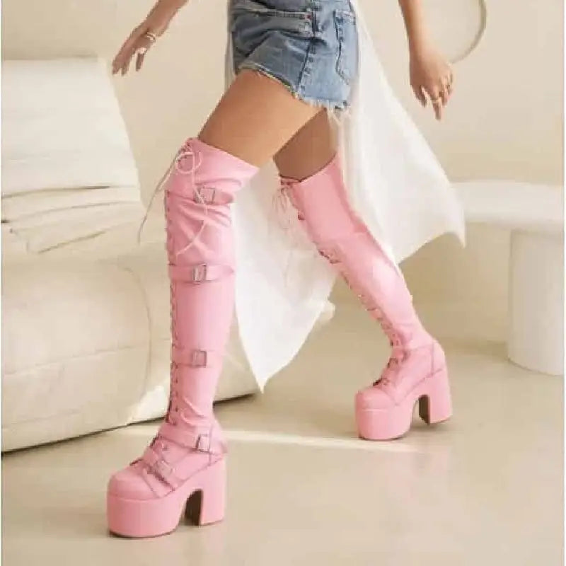 PU Over The Knee Square Heel Lace Up Thigh High Boots