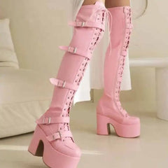 PU Over The Knee Square Heel Lace Up Thigh High Boots