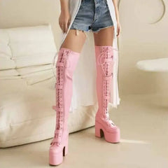 PU Over The Knee Square Heel Lace Up Thigh High Boots