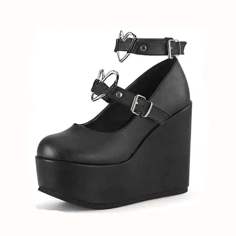 PU Platform Wedges with Heart Ankle Buckle Strap Euro Size