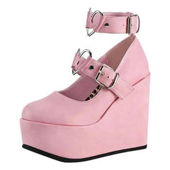 PU Platform Wedges with Heart Ankle Buckle Strap Euro Size