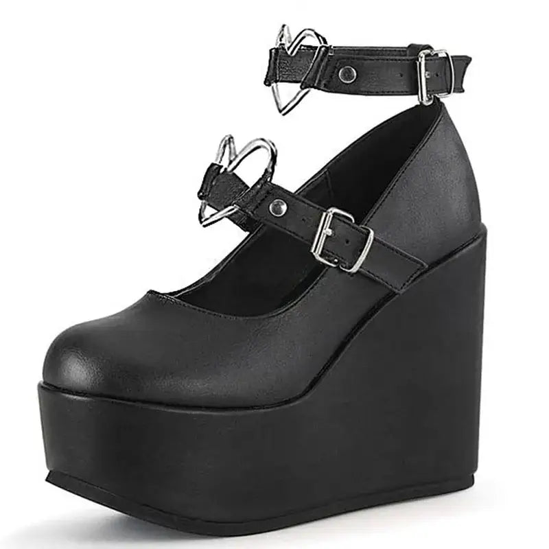 PU Platform Wedges with Heart Ankle Buckle Strap Euro Size