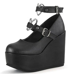 PU Platform Wedges with Heart Ankle Buckle Strap Euro Size