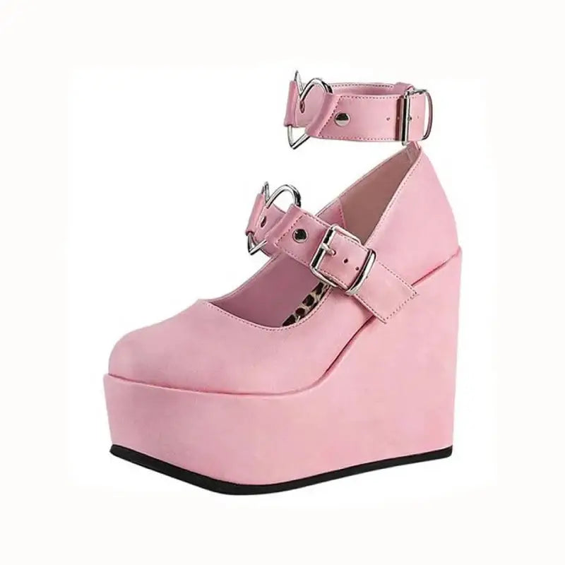 PU Platform Wedges with Heart Ankle Buckle Strap Euro Size