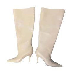 PU Pointed Toe Knee Length Slip On Boots - Beige / 34