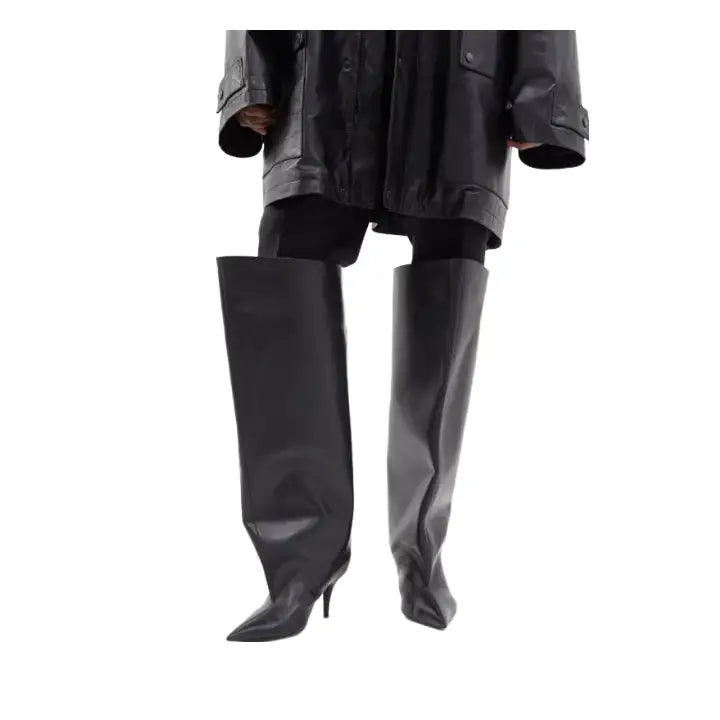 PU Pointed Toe Knee Length Slip On Boots Euro Size