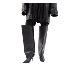 PU Pointed Toe Knee Length Slip On Boots Euro Size