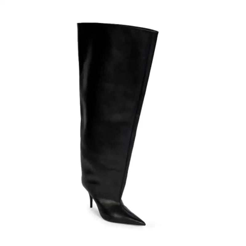PU Pointed Toe Knee Length Slip On Boots Euro Size Black