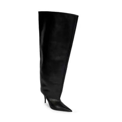 PU Pointed Toe Knee Length Slip On Boots Euro Size Black