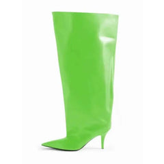 PU Pointed Toe Knee Length Slip On Boots Euro Size Green