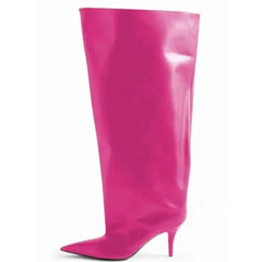 PU Pointed Toe Knee Length Slip On Boots Euro Size Pink / 34