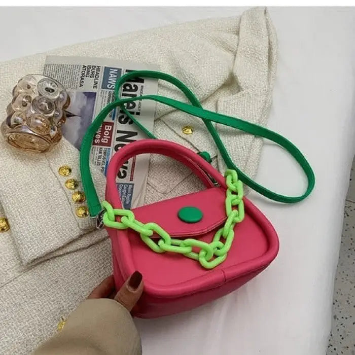 PU Shoulder Bag Chain Contrast Color Cute Handbag Pink