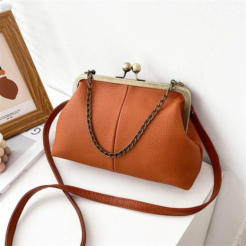 PU Shoulder Bag Clip Clutch Retro Crossbody Brown