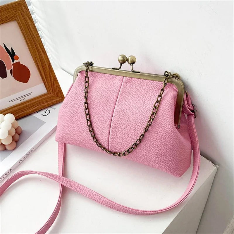 PU Shoulder Bag Clip Clutch Retro Crossbody Pink