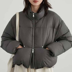 Puff Down Stand Collar Zipper Coat for Aesthetic Clothing