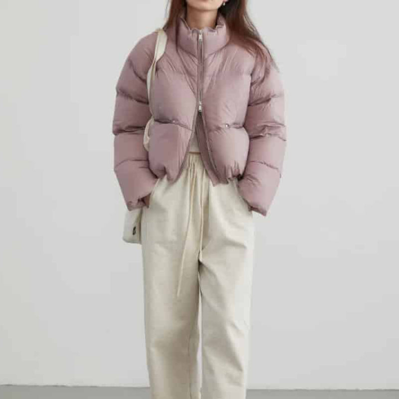 Puff Down Stand Collar Zipper Coat for Aesthetic Clothing