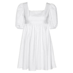 Puff Sleeve Elegant Dress with Square Neck and Loose Fit