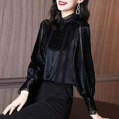 Puff Sleeve Lace Spliced Stand Collar velvet blouse