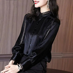 Puff Sleeve Lace Spliced Stand Collar velvet blouse