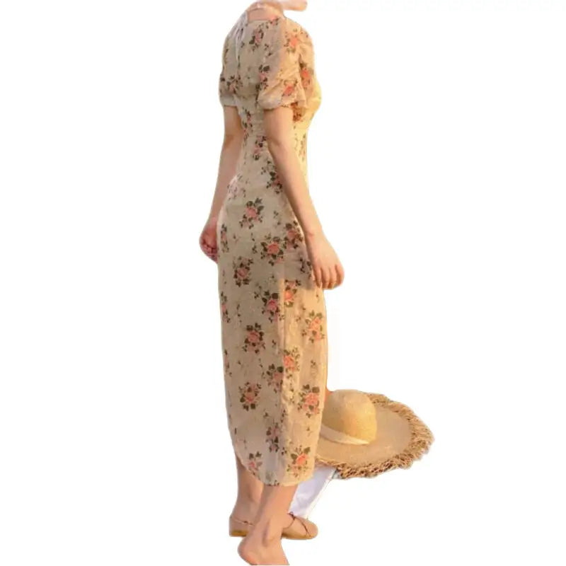 Puff Sleeves Elegant Midi Dress 32 inches Length 64 cm Waist