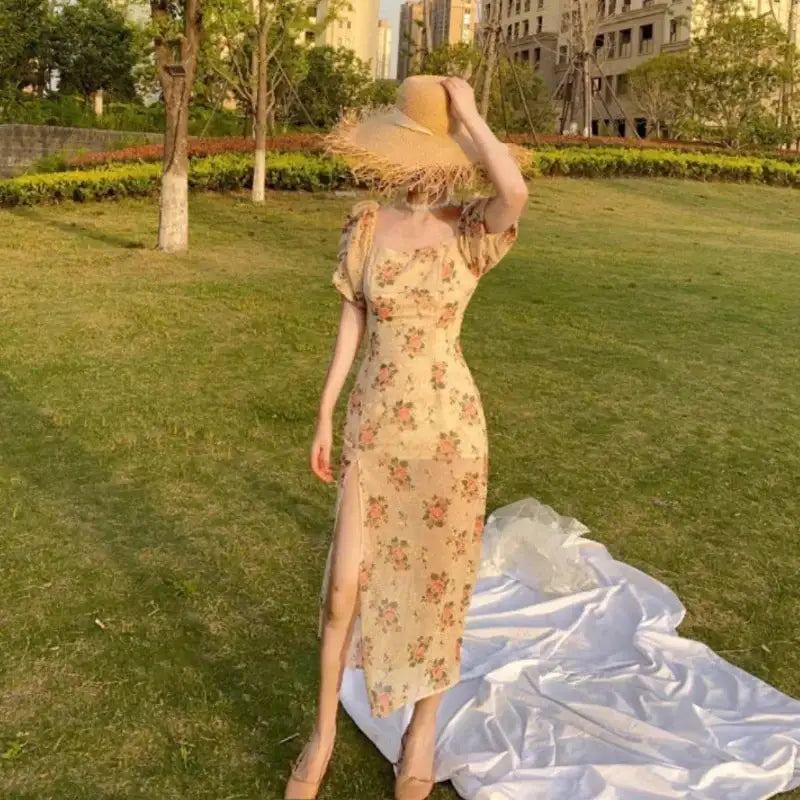 Puff Sleeves Elegant Midi Dress 32 inches Length 64 cm Waist