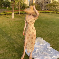 Puff Sleeves Elegant Midi Dress 32 inches Length 64 cm Waist