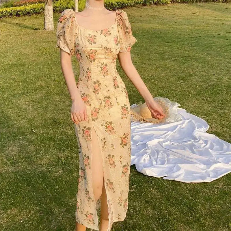 Puff Sleeves Elegant Midi Dress 32 inches Length 64 cm Waist