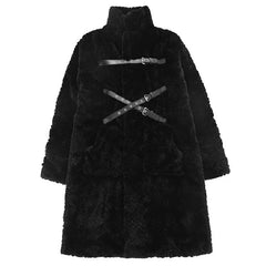 Punk Belt Fluffy Long Thick Faux Fur Coat - Black / S