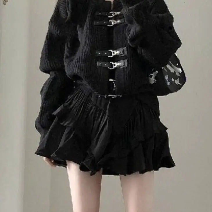 Punk Belted Button Knitted Cardigan for Women