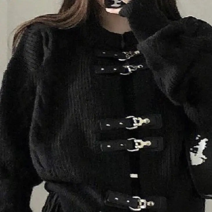 Punk Belted Button Knitted Cardigan for Women