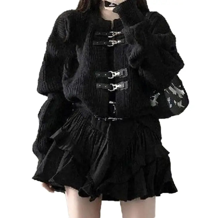 Punk Belted Button Knitted Cardigan for Women Black / S