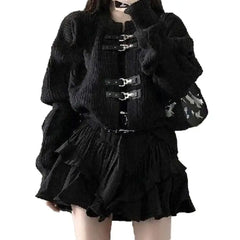 Punk Belted Button Knitted Cardigan for Women Black / S